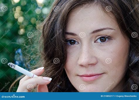 Smoking Woman With Beautiful Face Posing Outd Stock Image Image Of