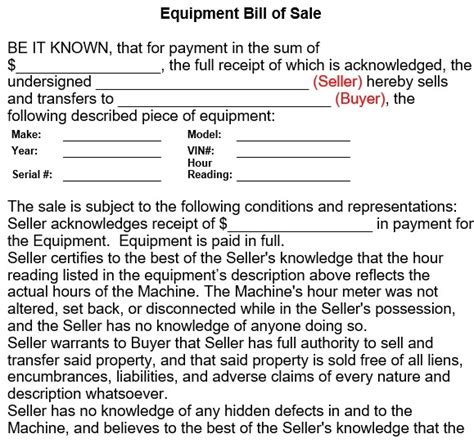 Ready To Use Equipment Bill Of Sale Form Word Pdf Templatedata