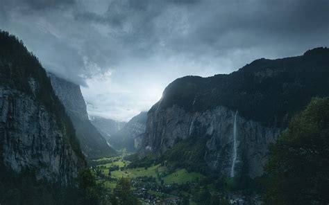 배경 화면 경치 숲 산들 폭포 자연 구름 마을 아침 안개 협만 골짜기 스위스 알프스 산맥 날씨 대기