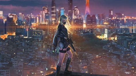 Download 1920x1080 Wallpaper Sniper Girl Cityscape Anime Girl Art