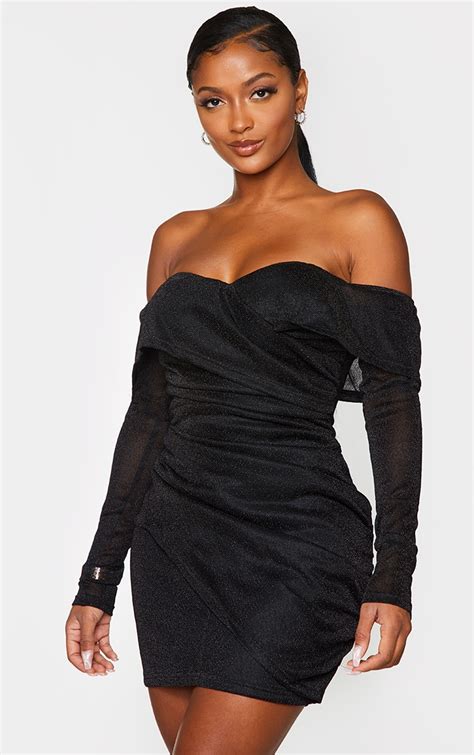 Shape Black Ruched Off The Shoulder Bodycon Dress Prettylittlething