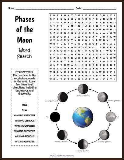 The Phases Of The Moon Word Search With Pictures And Words To Help