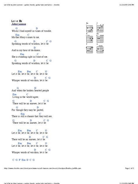 Let It Be By John Lennon Guitar Chords Guitar Tabs And Lyrics