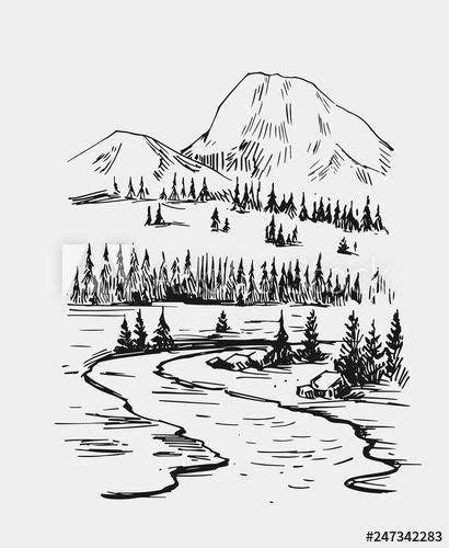 Wild Natural Landscape With Lake Rocks Trees Hand Drawn Illustration
