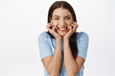 Portrait Of Beautiful Brunette Girl Smiling Excited Looking With Fascinated Amused Face