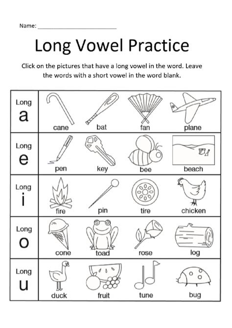 Long Vowel Worksheet For Grade 1