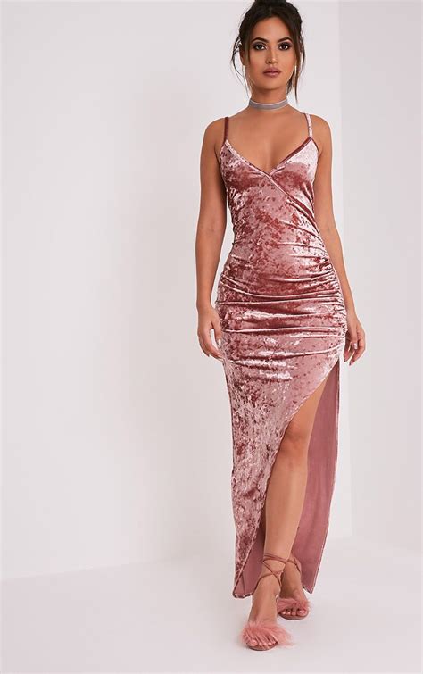 sansia pink crushed velvet asymmetric maxi dress velvet dress long pink long dress