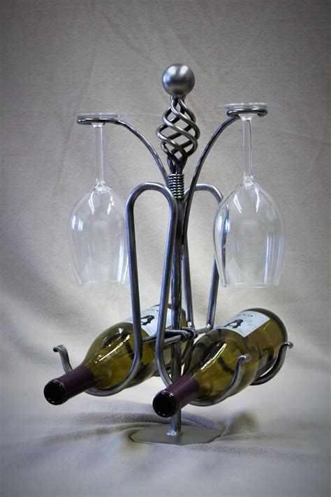 Buy Handmade 2 Bottle 2 Glass Holder (With Basket Handle) Wine Holder, made to order from Metal 