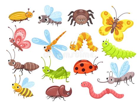 Cartoon Insects Fly Bug Cute Butterfly And Beetle Funny Garden