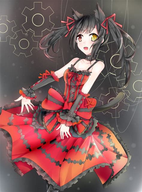 An Anime Girl With Long Black Hair Wearing A Red Dress And Cat Ears On