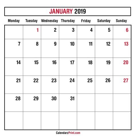2019 Calendar January Ms 001 Calendarzprint Free Calendars
