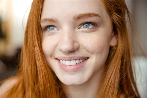 Smiling Redhead Woman Looking Up Stock Photo Image Of Healthy Person