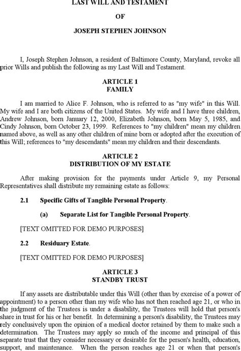 Free Maryland Last Will And Testament Sample Pdf 113kb 18 Pages