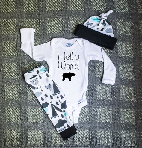 Baby Boy Coming Home Outfit Hello World Bear And Fox Print