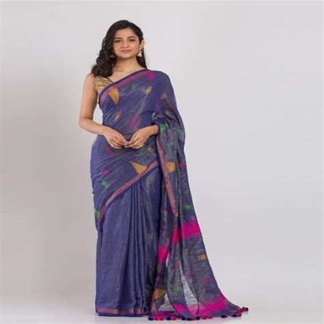 Buy Angoshobha Free Size Women Blue Printed Cotton Traditional Saree
