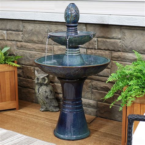 Sunnydaze Double Tier Outdoor Ceramic Fountain With Led Lights