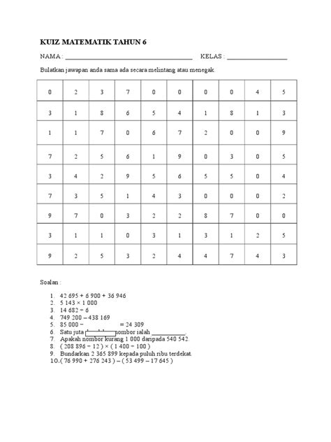 Kuiz Matematik Tahun 6  PDF