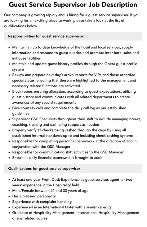 Guest Service Supervisor Job Description Velvet Jobs