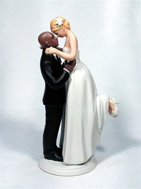 Interracial Bride And Bald African American Groom Wedding Cake Topper