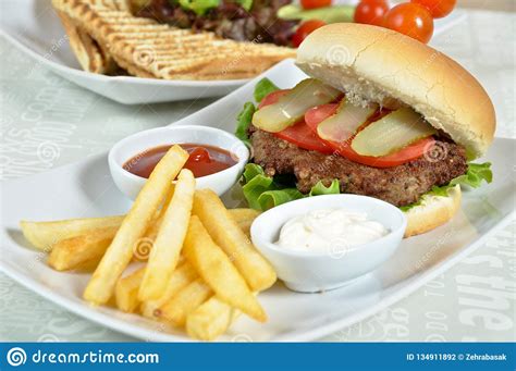 Specially Prepared Hamburger And French Fries Stock Photo Image Of