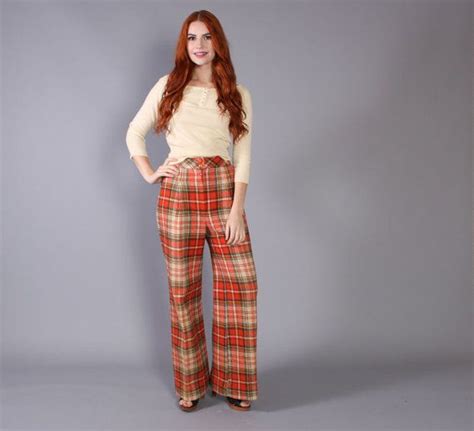 Vintage 70s High Waist Bell Bottoms Plaid Wool Pants Xs Wool Plaid