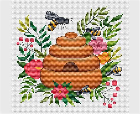 Hive Cross Stitch Pattern Bees Cross Stitch Bee And Hive Cross Etsy