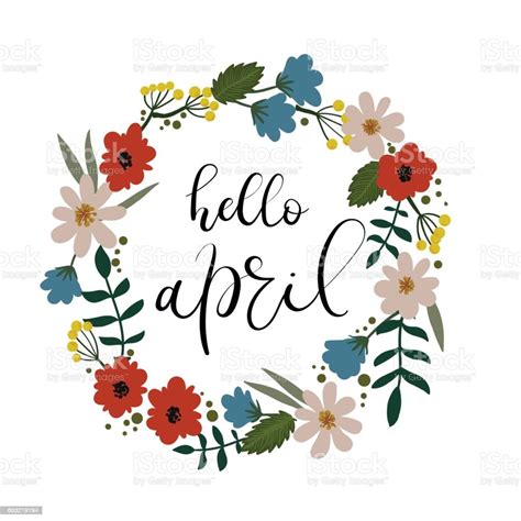 Hello April Hand Lettering Greeting Card Handwritten Text Floral Wreath
