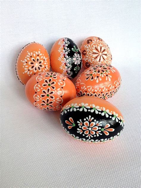 Set Of 6 Orange Hand Decorated Colours Painted Chicken Easter Egg