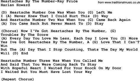 Country Music Heartaches By The Number Ray Price Lyrics And Chords