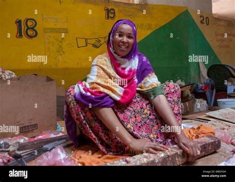 A Woman Sitting On The Floor Selling Meat Woqooyi Galbeed Region Hargeisa Somaliland Stock