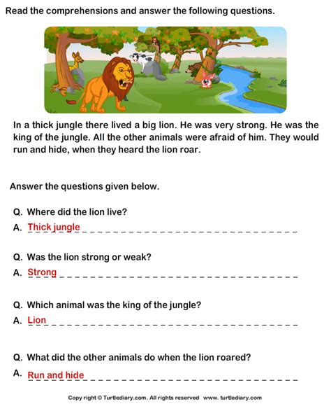 In this english lesson you will learn asking over 100 basic questions and how to answer them. Reading Comprehension Lion Worksheet - Turtle Diary