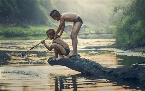 Image Boys Children 2 Fishing Asian River 1920x1200