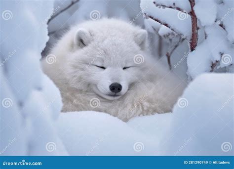 Arctic Fox Curled Up In Snowy Landscape Stock Image Image Of