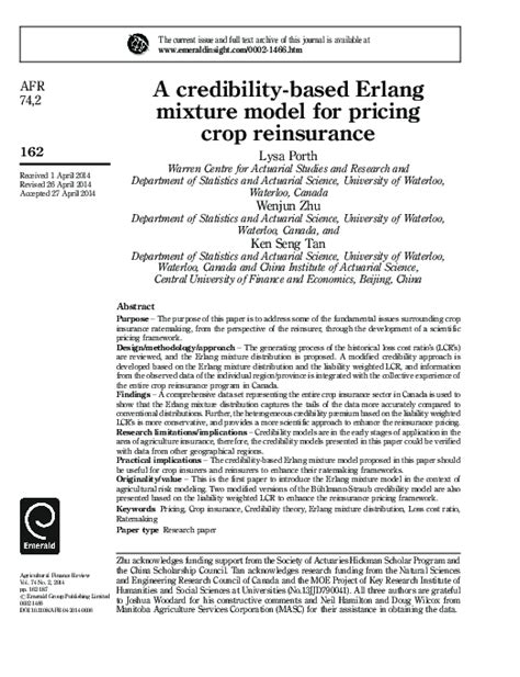 Pdf A Credibility Based Erlang Mixture Model For Pricing Crop Reinsurance Lysa Porth