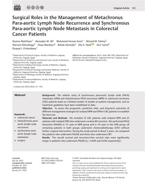 Pdf Surgical Roles In The Management Of Metachronus Para Aortic Lymph