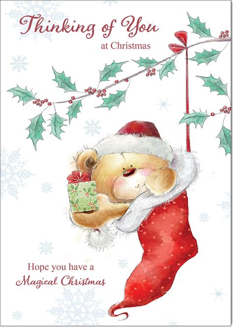 Thinking Of You Christmas Card Teddy Stocking Gloss Medium Sized