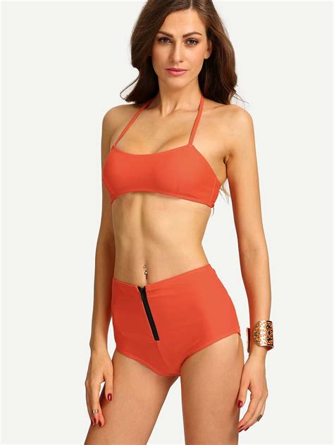 Zip Front High Waist Bikini Set Orange SheIn Sheinside