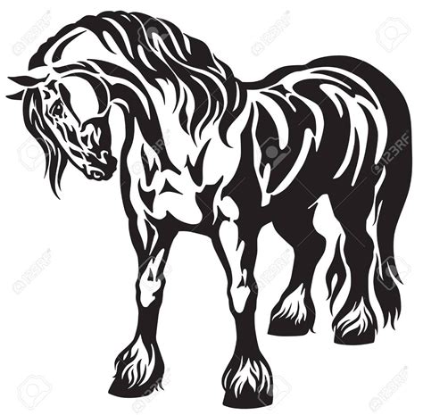 Heavy Draft Horse Black And White Tribal Tattoo Style Vector