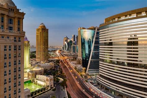 A Skyline View Of Doha City Center At Dusk Stock Image Image Of