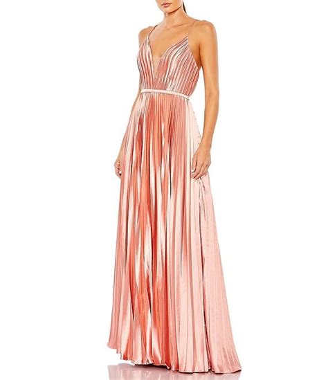 Mac Duggal Pleated Satin Plunge V Neck Sleeveless Open Back Detail A