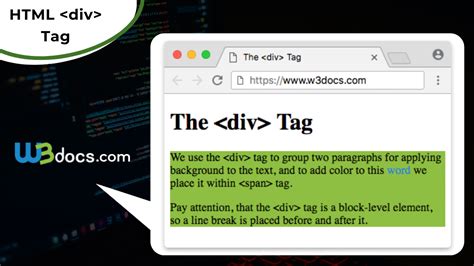 A div tag in html represents a division, usually with its own style, class, or alignment. HTML div Tag - Usage, Attributes, Examples