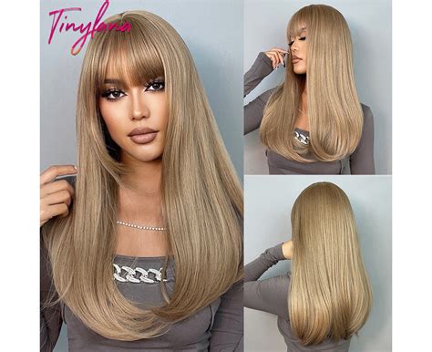Long Straight Synthetic Wig With Bangs For Women Dark Black Brown Layered Wigs Blonde Natural