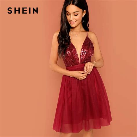 Shein Burgundy Sexy Party Backless Sequin Detail Mesh Halter High Waist Solid Dress 2018 Summer