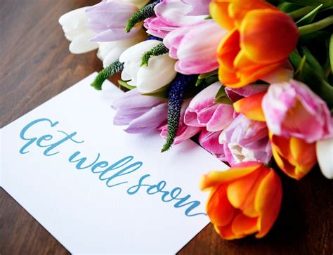 Premium Photo Tulips Flowers Bouquet With Get Well Soon Wishing Card