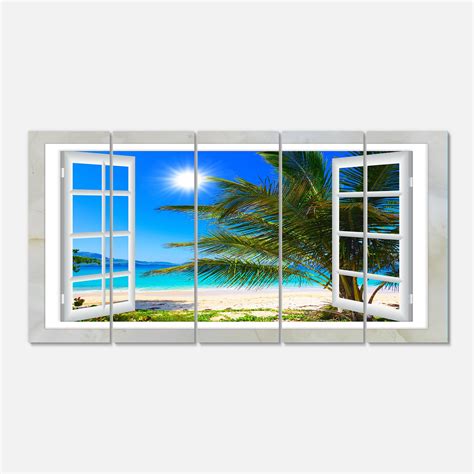 Designart Window Open To Beach With Palm Extra Large Seashore Canvas