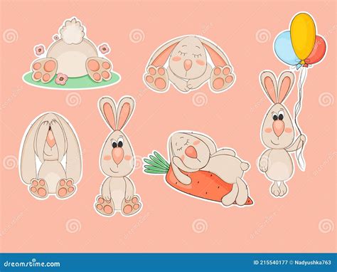 Cute Bunny Stickers Cartoon Animals Vector Illustration Stock Vector