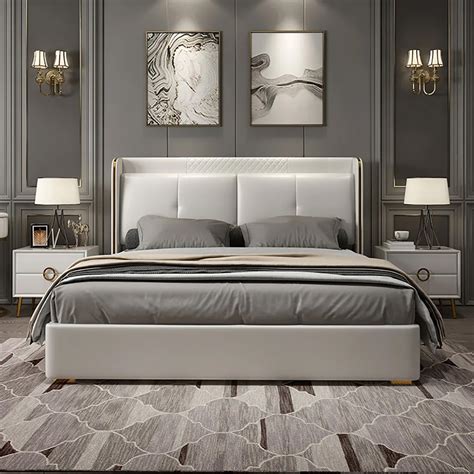 Queen Upholstered Platform Bed With Faux Leather Wingback Headboard In Off White Bedroom