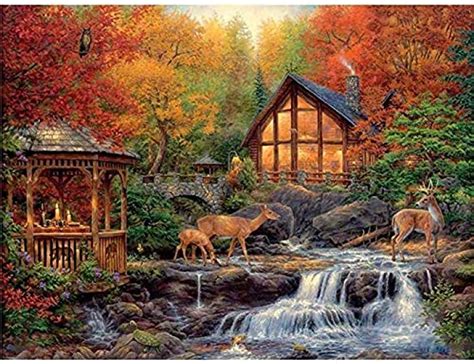 Yhwygg Diy Oil Painting Paint By Number Kits Stream Scenery Deer Log