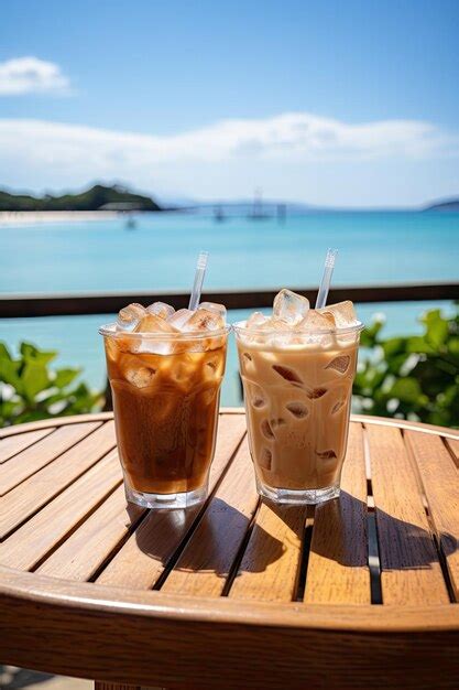 Premium Ai Image Two Iced Coffees With Drips In Their Glasses On A