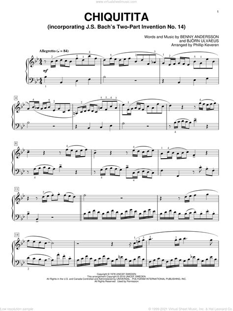 Andersson Chiquitita Sheet Music For Piano Solo Pdf
